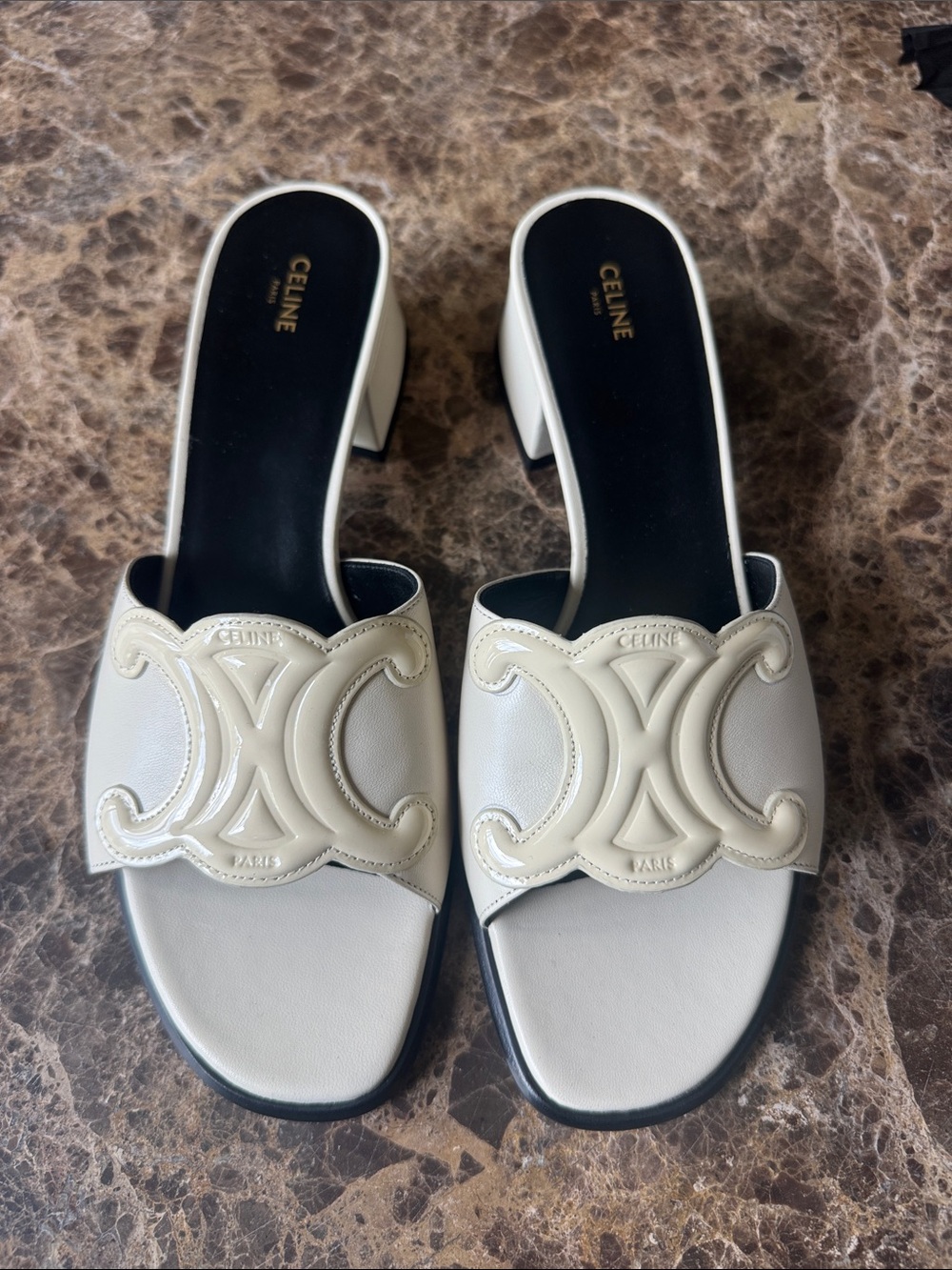 Celine triumph slides sandals block heel off white cream sz 40